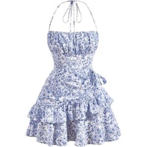 image:imageFloerns Womens Floral Halter Ruffle Tiered Cute Summer Mini Dress Milkmaid Vacation SundressBlue and White