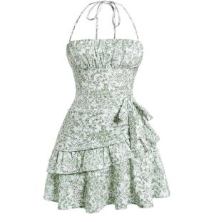 image:imageFloerns Womens Floral Halter Ruffle Tiered Cute Summer Mini Dress Milkmaid Vacation SundressGreen and White