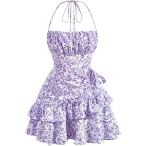 image:imageFloerns Womens Floral Halter Ruffle Tiered Cute Summer Mini Dress Milkmaid Vacation SundressMauve Purple