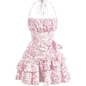 image:imageFloerns Womens Floral Halter Ruffle Tiered Cute Summer Mini Dress Milkmaid Vacation SundressPink and White