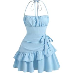 image:imageFloerns Womens Floral Halter Ruffle Tiered Cute Summer Mini Dress Milkmaid Vacation SundressPlain Blue