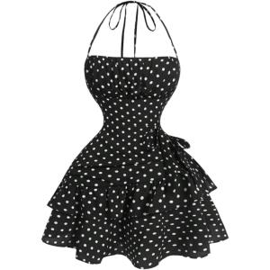 image:imageFloerns Womens Floral Halter Ruffle Tiered Cute Summer Mini Dress Milkmaid Vacation SundressPolka Black