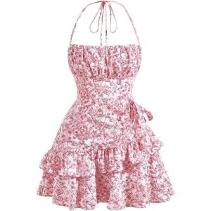 image:imageFloerns Womens Floral Halter Ruffle Tiered Cute Summer Mini Dress Milkmaid Vacation SundressRed and White