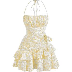 image:imageFloerns Womens Floral Halter Ruffle Tiered Cute Summer Mini Dress Milkmaid Vacation SundressYellow