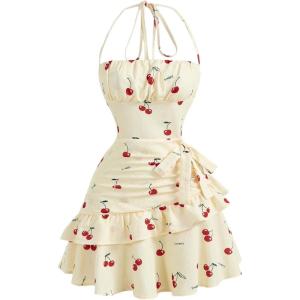 image:imageFloerns Womens Floral Halter Ruffle Tiered Cute Summer Mini Dress Milkmaid Vacation SundressYellow Cherry