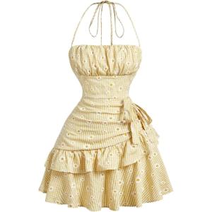 image:imageFloerns Womens Floral Halter Ruffle Tiered Cute Summer Mini Dress Milkmaid Vacation SundressYellow Daisy