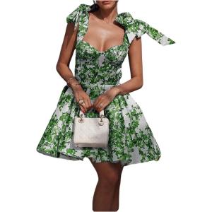 image:imageFloerns Womens Floral Mini Dress Vacation Summer Bow Elegant Fitted Puffy DressesGreen