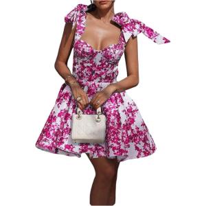 image:imageFloerns Womens Floral Mini Dress Vacation Summer Bow Elegant Fitted Puffy DressesPink
