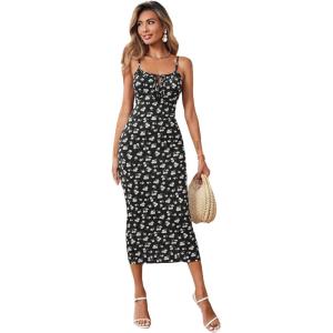 image:imageFloerns Womens Floral Print Drawstring Front Sleeveless Cami Midi DressBlack