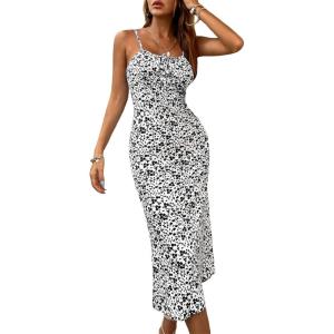 image:imageFloerns Womens Floral Print Drawstring Front Sleeveless Cami Midi DressBlack and White