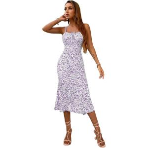 image:imageFloerns Womens Floral Print Drawstring Front Sleeveless Cami Midi DressLilac Purple