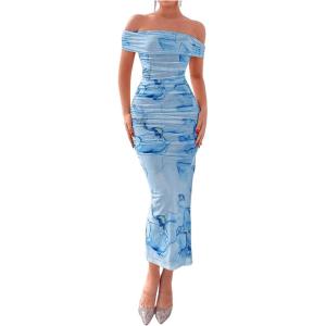 image:imageFloerns Womens Floral Print Off Shoulder Short Sleeve Ruched Bodycon Long DressBlue