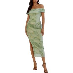 image:imageFloerns Womens Floral Print Off Shoulder Short Sleeve Ruched Bodycon Long DressGreen