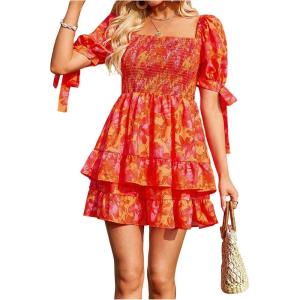 image:imageFloerns Womens Floral Print Puff Sleeve Square Neck Tiered Layer Shirred DressesBurnt Orange