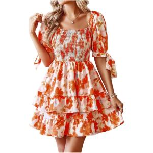 image:imageFloerns Womens Floral Print Puff Sleeve Square Neck Tiered Layer Shirred DressesCoral Orange