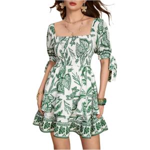 image:imageFloerns Womens Floral Print Puff Sleeve Square Neck Tiered Layer Shirred DressesGreen