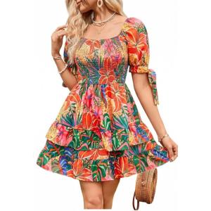 image:imageFloerns Womens Floral Print Puff Sleeve Square Neck Tiered Layer Shirred DressesHot Pink