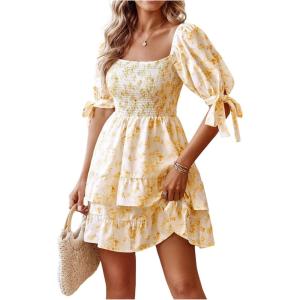 image:imageFloerns Womens Floral Print Puff Sleeve Square Neck Tiered Layer Shirred DressesLight Yellow