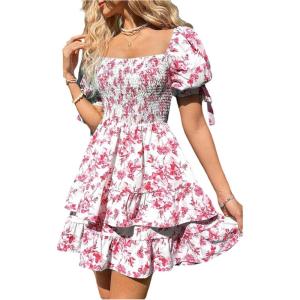 image:imageFloerns Womens Floral Print Puff Sleeve Square Neck Tiered Layer Shirred DressesRed