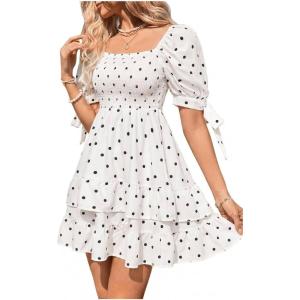 image:imageFloerns Womens Floral Print Puff Sleeve Square Neck Tiered Layer Shirred DressesWhite Polka Dots