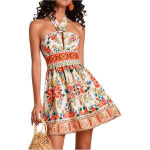 image:imageFloerns Womens Floral Print Sleeveless Halter Neck Tie Back Summer A Line DressOrange