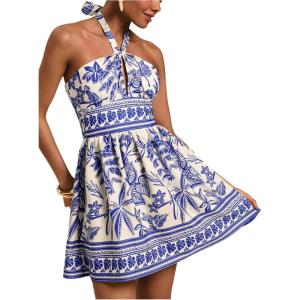 image:imageFloerns Womens Floral Print Sleeveless Halter Neck Tie Back Summer A Line DressRoyal Blue