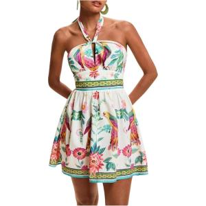 image:imageFloerns Womens Floral Print Sleeveless Halter Neck Tie Back Summer A Line DressWhite Multi