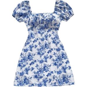 image:imageFloerns Womens Floral Puff Sleeve Square Neck A Line Dress Ruched Bust Boho Flared Mini DressesBlue and White