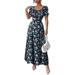 image:imageFloerns Womens Floral Short Puff Sleeve Milkmaid Dress Boho A Line Long DressesBlack and Blue