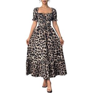 image:imageFloerns Womens Floral Short Puff Sleeve Milkmaid Dress Boho A Line Long DressesBrown Multi