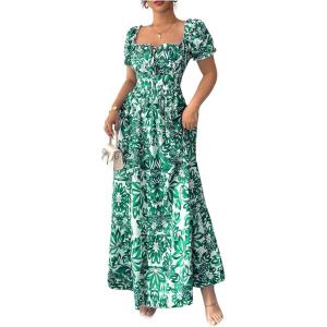 image:imageFloerns Womens Floral Short Puff Sleeve Milkmaid Dress Boho A Line Long DressesGreen
