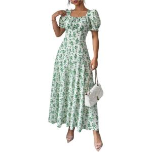 image:imageFloerns Womens Floral Short Puff Sleeve Milkmaid Dress Boho A Line Long DressesMint Green