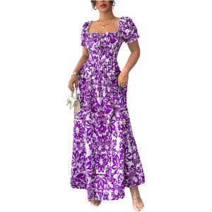image:imageFloerns Womens Floral Short Puff Sleeve Milkmaid Dress Boho A Line Long DressesPurple and White