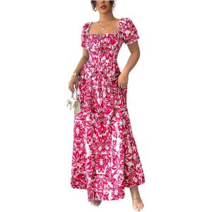 image:imageFloerns Womens Floral Short Puff Sleeve Milkmaid Dress Boho A Line Long DressesRose Red