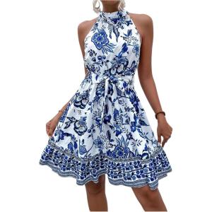 image:imageFloerns Womens Floral Sleeveless Halter Dress Flounce Hem Belted A Line DressesBlue and White