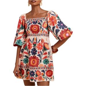 image:imageFloerns Womens Floral Tie Back Puff Sleeve A Line Dress Square Neck Boho DressesKhaki Multi