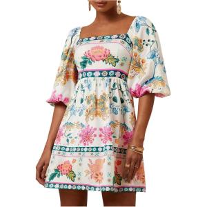 image:imageFloerns Womens Floral Tie Back Puff Sleeve A Line Dress Square Neck Boho DressesWhite Multi