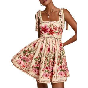 image:imageFloerns Womens Floral Tie Shoulder Boho Dress Sleeveless Smocked Ruffle Summer Mini DressesApricot Multi