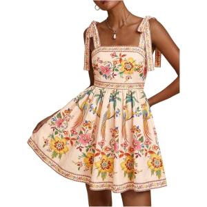 image:imageFloerns Womens Floral Tie Shoulder Boho Dress Sleeveless Smocked Ruffle Summer Mini DressesBeige Multi Floral
