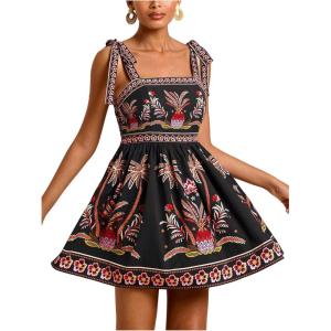 image:imageFloerns Womens Floral Tie Shoulder Boho Dress Sleeveless Smocked Ruffle Summer Mini DressesBlack Orange Tropical