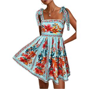 image:imageFloerns Womens Floral Tie Shoulder Boho Dress Sleeveless Smocked Ruffle Summer Mini DressesBlue