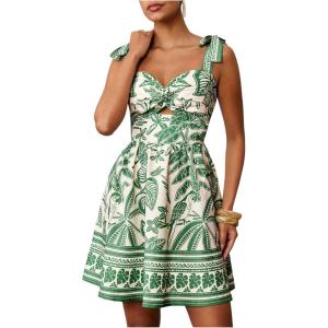 image:imageFloerns Womens Floral Tie Shoulder Boho Dress Sleeveless Smocked Ruffle Summer Mini DressesGreen