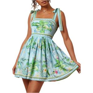 image:imageFloerns Womens Floral Tie Shoulder Boho Dress Sleeveless Smocked Ruffle Summer Mini DressesGreen Multi Floral