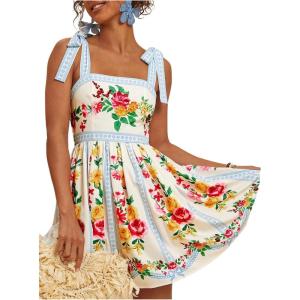 image:imageFloerns Womens Floral Tie Shoulder Boho Dress Sleeveless Smocked Ruffle Summer Mini DressesLight Blue