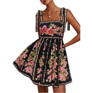 image:imageFloerns Womens Floral Tie Shoulder Boho Dress Sleeveless Smocked Ruffle Summer Mini DressesPink Black Flower