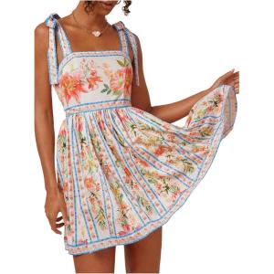 image:imageFloerns Womens Floral Tie Shoulder Boho Dress Sleeveless Smocked Ruffle Summer Mini DressesPink Blue Multi