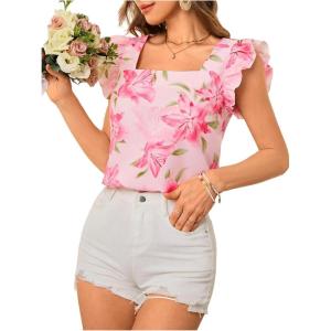 image:imageFloerns Womens Flower Square Neck Blouse Tops Ruffle Cap Sleeve Vacation ShirtsPink