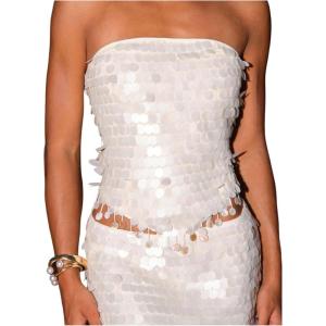 image:imageFloerns Womens Going Out Sparkly Sequin Strapless Tube Top Lace Up Beaded Party Glitter TopsApricot