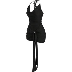 image:imageFloerns Womens Going Out Y2K Sexy Halter Dress Sleeveless Draped Ruched Side Tie Front Backless Party Mini DressesBlack