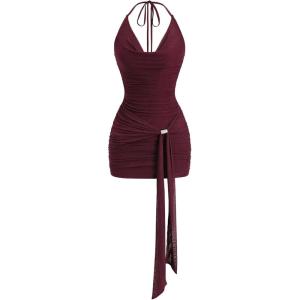 image:imageFloerns Womens Going Out Y2K Sexy Halter Dress Sleeveless Draped Ruched Side Tie Front Backless Party Mini DressesBurgundy